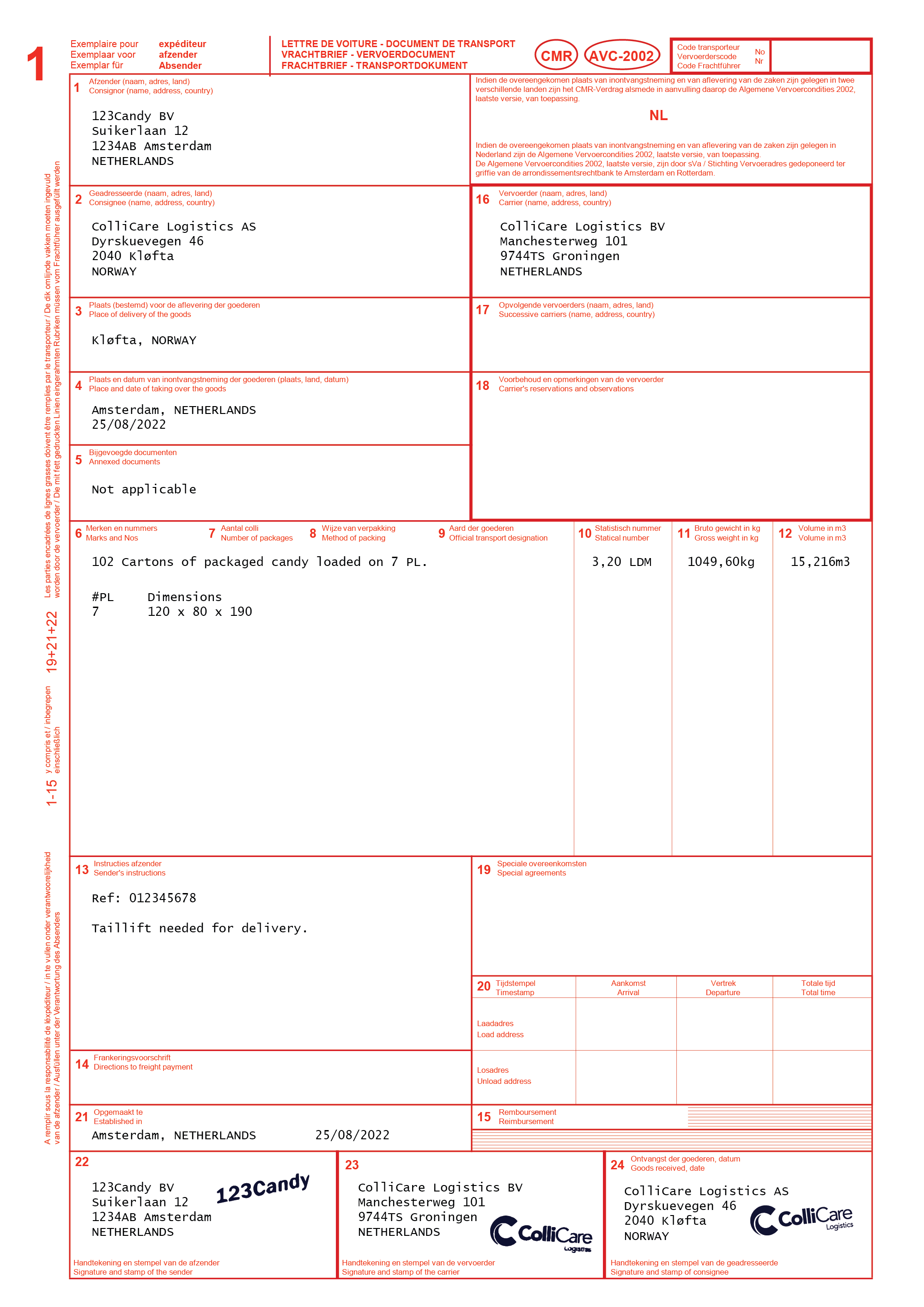 An example of a filled-in CMR waybill.