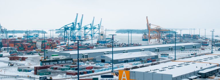 Industrial Port in Finland covered in snow.