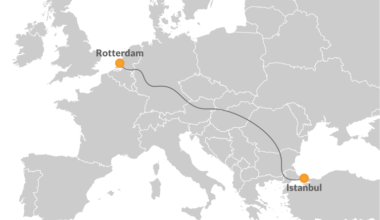 A map of Europe showing the train route from Rotterdam to Istanbul.